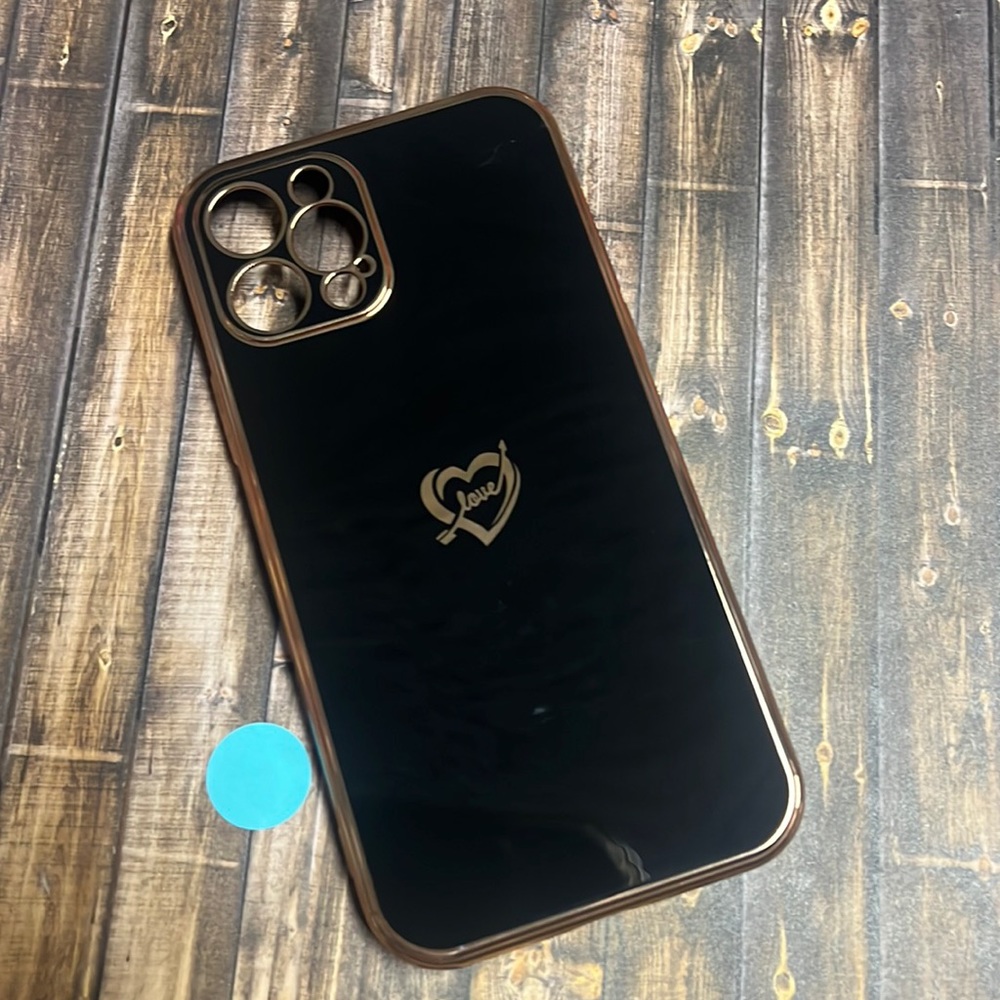 5for$10 Glossy iPhone 12 Silicone Black Phone Case With Gold Trim and Heart